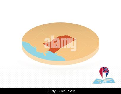 Isometric round map of US state Texas and point marker with flag of ...