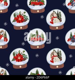 Seamless pattern with glass balls with snow and Christmas decor. Vector cartoon flat illustration Stock Vector