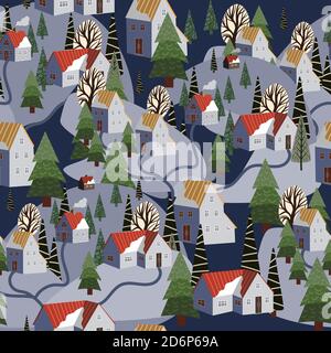 Seamless pattern with winter mountain landscape and small houses. Vector. Stock Vector