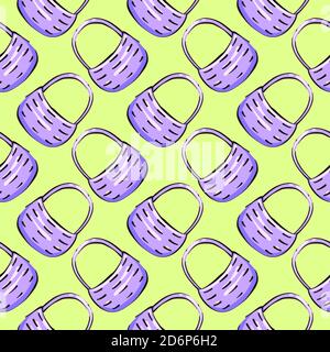 Purple basket,seamless pattern on mint green background. Stock Vector