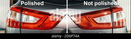 Polished and not polished or unpolished optics of rear lights of car, before and after concept. Stock Photo