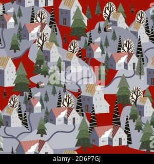 Seamless pattern with winter mountain landscape and small houses. Vector. Stock Vector