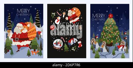 Set of Christmas cards with simple cute illustrations of Santa Claus and holiday decor. Vector. Stock Vector