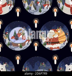 Seamless pattern with round Christmas-themed plate design. Vector cartoon flat illustration Stock Vector
