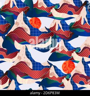 Seamless pattern with mountain landscape in different textures. Vector. Stock Vector