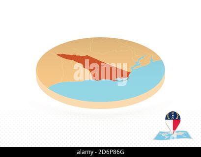 North Carolina map in round isometric style with triangular 3D flag of ...