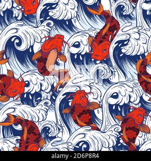 Seamless pattern with fish koi. Japanese vintage print Stock Vector