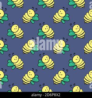 Baby bees,seamless pattern on dark purple background. Stock Vector