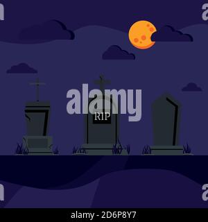 Grave tombstones on graveyard scenic background. Stock Vector