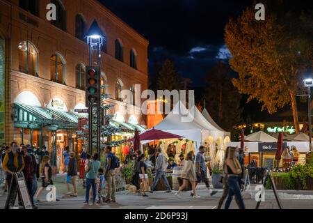Street view of Banff Avenue in summer time season night during covid-19 pandemic period. Banff, Alberta, Canada. Stock Photo