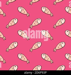 Little fish,seamless pattern on hot pink background. Stock Vector