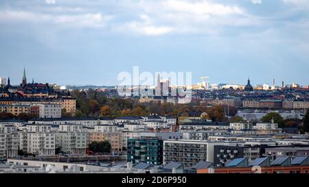 Stockholm, Sweden - 2020.10.18: Birdseye view of the Södermalm municipality of Stockholm. Was shot on top of Hammarbybacken. Stock Photo