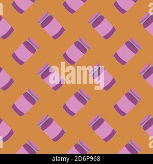 Purple jar of jam,seamless pattern on orange background. Stock Vector