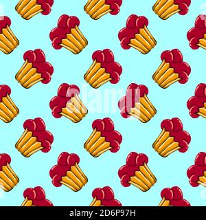 Red velvet cupcake,seamless pattern on light blue background. Stock Vector