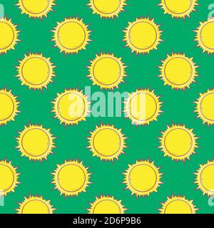 Hot yellow suns,seamless pattern on green background. Stock Vector
