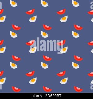 Cut tomato and eggs,seamless pattern on purple background. Stock Vector