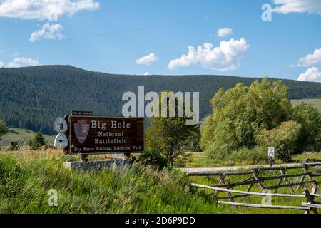 Montana, USA - July 27, 2020: Sign for the Big hole national battlefield, part of Nez Perce National Historic Park Stock Photo