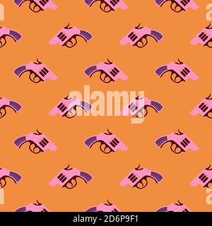 Pink handgun,seamless pattern on orange background. Stock Vector
