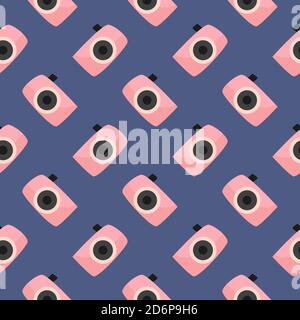 Pink camera patter,seamless pattern on dark purple background. Stock Vector
