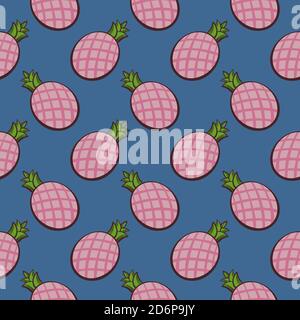 Pink pineapples,seamless pattern on blue background. Stock Vector