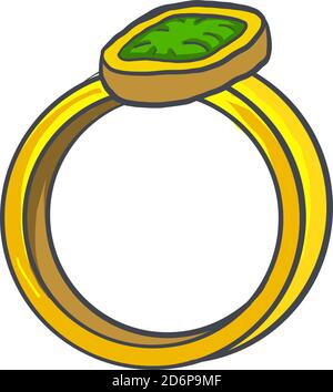 Ring with a green stone, illustration, vector on white background. Stock Vector