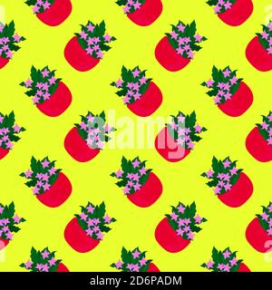 Flowers in a red cup,seamless pattern on yellow background. Stock Vector
