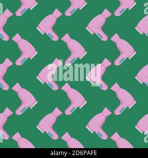 Purple hairdryer,seamless pattern on dark green background. Stock Vector