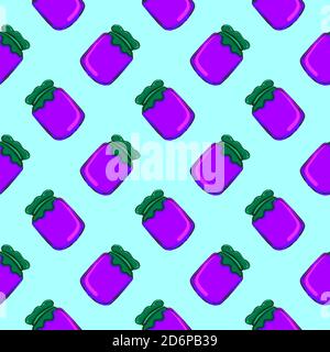 Purple jar with green lid,seamless pattern on light blue background. Stock Vector