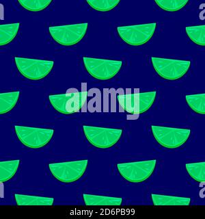 Cute green limes slices,seamless pattern on dark blue background. Stock Vector