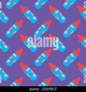 Baby bottle,seamless pattern on dark purple background. Stock Vector