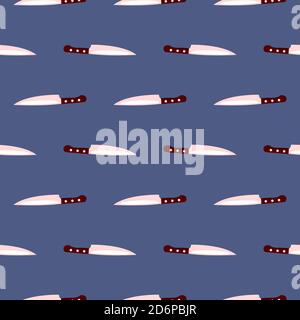 Sharp kitchen knife,seamless pattern on dark blue background. Stock Vector