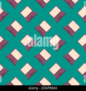 Small laptop, seamless pattern on green background. Stock Vector