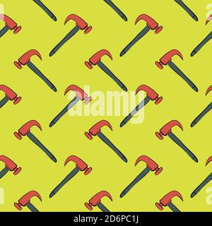 Red hammer,seamless pattern on dark yellow background. Stock Vector