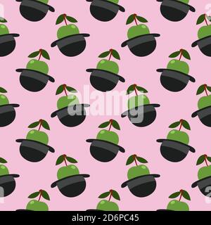 Apple in a hat,seamless pattern on pink background. Stock Vector