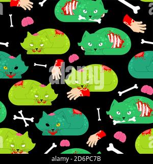 Zombie cat pattern seamless. Pet zombi background. Kitten revived dead texture. kitty Green monster ornament Stock Vector