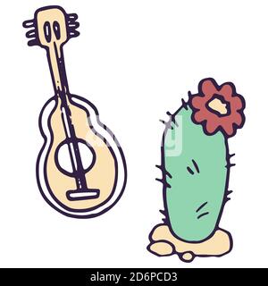 Guitar and cactus icon set on white isolated backdrop. Day of the dead for invitation or gift card, notebook, bath tile, scrapbook Phone case or cloth Stock Vector