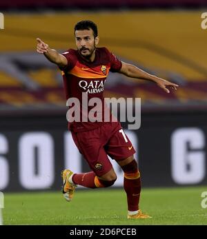 Rome, Italy. 18th Oct, 2020. Roma's Pedro celebrates his goal during the 4th round Italian Serie A football match between Roma and Benevento in Rome, Italy, Oct. 18, 2020. Credit: Alberto Lingria/Xinhua/Alamy Live News Stock Photo