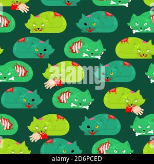 Zombie cat pattern seamless. Pet zombi background. Kitten revived dead texture. kitty Green monster ornament Stock Vector
