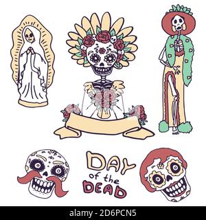 Calavera skull icon set on white isolated backdrop. Santa muerte for invitation or gift card, notebook, bath tile, scrapbook. Phone case or cloth prin Stock Vector