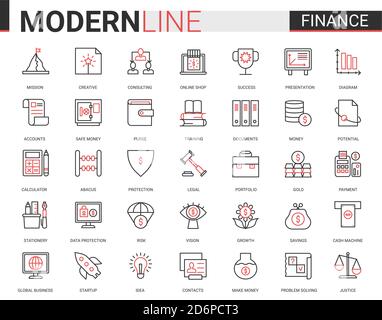 Finance flat thin red black line icon vector illustration set with outline financial business symbols collection of commerce analysis technology, economic data consulting and analyzing bank account. Stock Vector