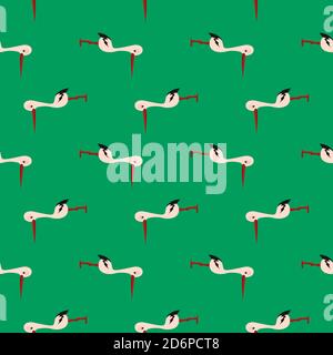Small stork bird,seamless pattern on green background. Stock Vector