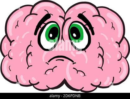 Sad brain with green eyes, illustration, vector on white background. Stock Vector