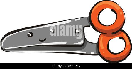Orange scissors with eyes, illustration, vector on white background. Stock Vector
