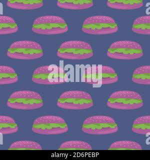 Violet burger,seamless pattern on dark purple background. Stock Vector