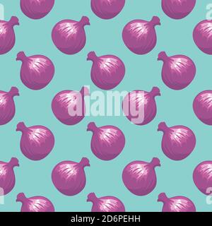 Violet onions,seamless pattern on blue background. Stock Vector