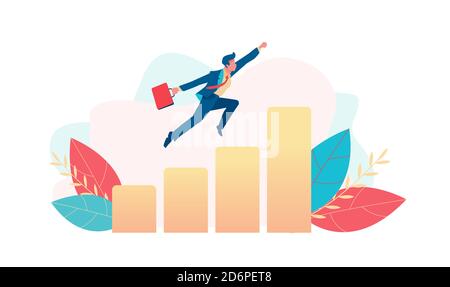 Businessman flies up over growing chart. Metaphor of successful promotion, sales growth. Business opportunity concept. Flat vector illustration Stock Vector