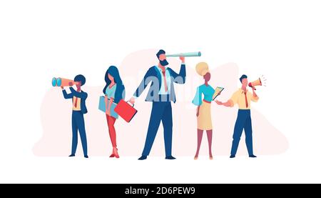 Business team looks around through spyglass, speaks into loudspeaker. Business opportunity search metaphor. Teamwork concept. Flat vector illustration Stock Vector