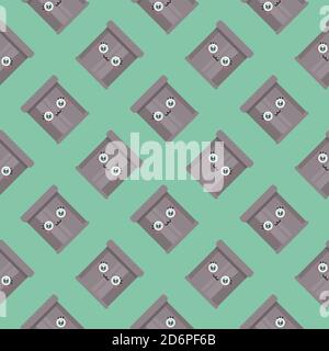 Trash can with eyes,seamless pattern on mint green background. Stock Vector