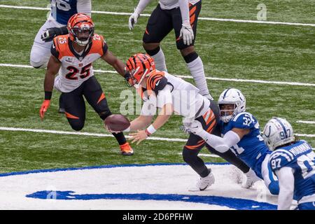 Indianapolis, Indiana, USA. 18th Oct, 2020. Cincinnati Bengals quarterback Joe Burrow (9) is sacked by Indianapolis Colts strong safety Khari Willis (37) in the second half of the game between the Cincinnati Bengals and the Indianapolis Colts at Lucas Oil Stadium, Indianapolis, Indiana. Credit: Scott Stuart/ZUMA Wire/Alamy Live News Stock Photo