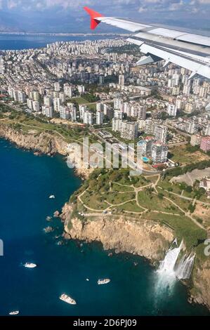 Antalya cityscape with famous Duden waterfall seen from airplane window, Turkey Stock Photo